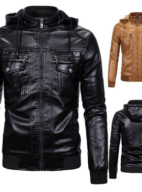 Men's Leather Jackets Winter Fleece Thick Mens Hooded Motor
