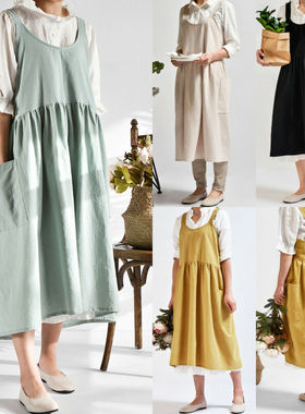 on Linen Pinafore Dress Cafe Kitchen Cooking Florist Vintage