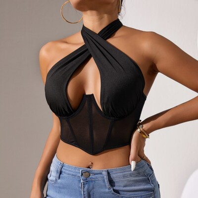 Sexy Cotton Stretch Tops For Women Cross Halter Sleeveless