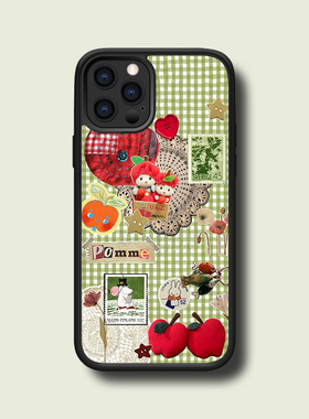 少女心绿色条纹苹果小熊时尚14pro防摔15Plus保护套16/13promax/12背板珠光细闪金属贴片xsmax