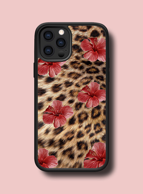 豹纹红色扶桑花16promax欧美辣妹风少女心手机壳15Plus保护套14promax防摔13pro/17背板珠光细闪
