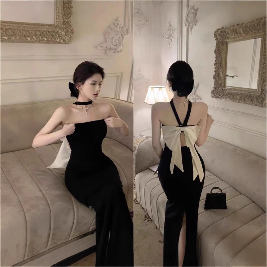 生日party小礼裙性感礼服挂脖露背蝴蝶结抹胸裙黑色收腰包臀裙子