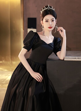 2025新款法式黑色缎布赫本风在逃公主晚礼服轻奢生日年会主持