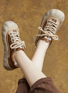 2025新款春季真皮帅气系带贝壳鞋头平跟休闲单鞋大头撞色娃娃