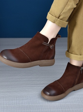 2025新款文艺手工真皮短靴秋冬复古圆头短筒平底头层牛皮马丁