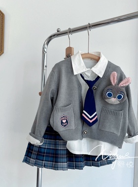 2025新款学院风JK套装女童秋冬兔子制服针织开衫白色衬衣格