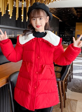 2025新款女童年服棉衣红色加厚中长款棉袄中大童喜庆厂家直销