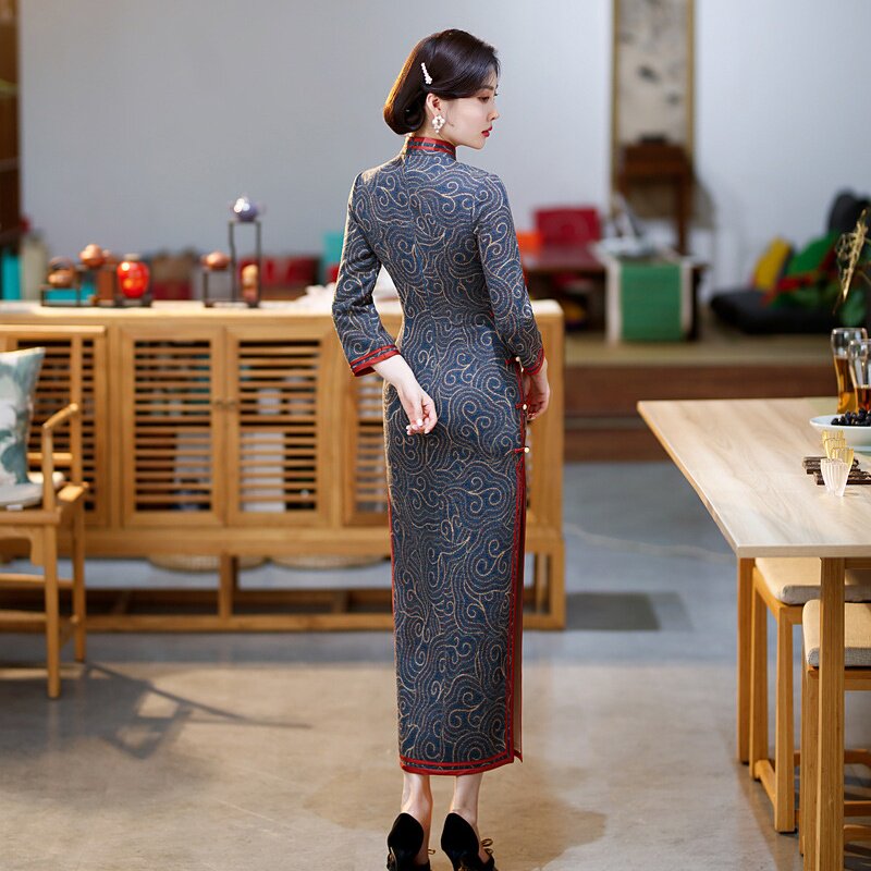 2026新款改良复古修身显瘦祥云羊绒汉服长款旗袍连衣裙礼服女