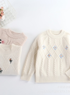 2025新款儿童羊绒衫女童针织套头纯手工绣花加厚宝宝白色公主