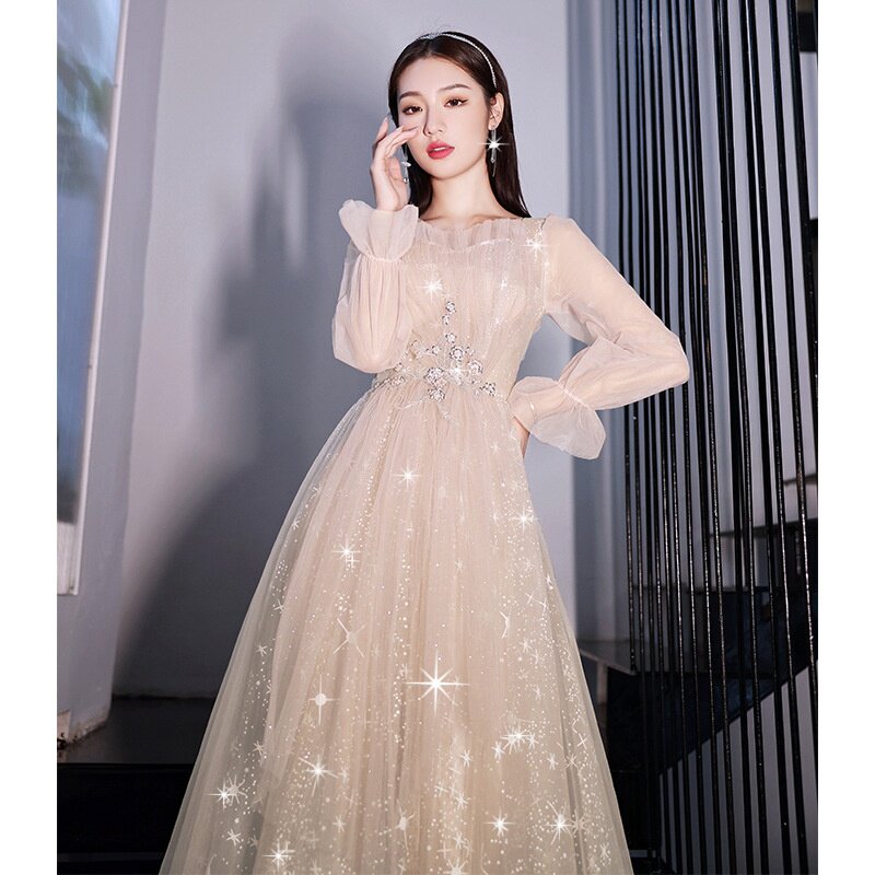 2026新款晚礼服女香槟色长袖宴会气质简约显瘦主持人艺考连衣裙高