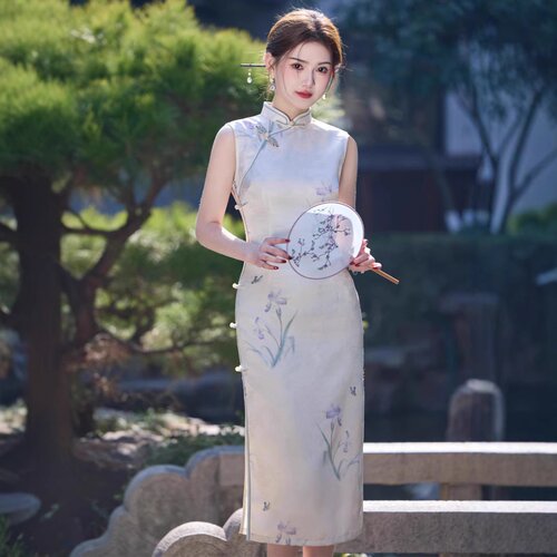 2026新款春夏无袖双层仿醋酸提花长款旗袍淡紫色花朵气质修身旗袍