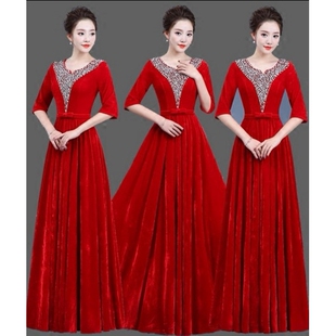 2026新款金丝绒大合唱演出服修身女长裙中老年合唱团指挥舞蹈