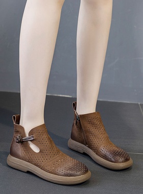 2025新款全皮女夏季短靴透气软底休闲高帮复古风凉鞋潮高品质