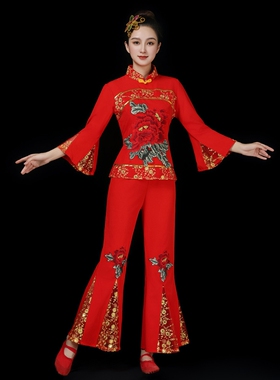 2026新款秧歌服套装中老年人古典扇子舞演出服红色喜庆腰鼓广