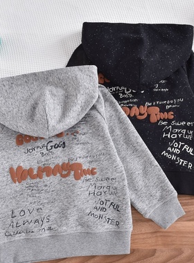 2025新款中古怀旧风格儿童连帽卫衣男女童棉毛圈花纱长袖帽衫