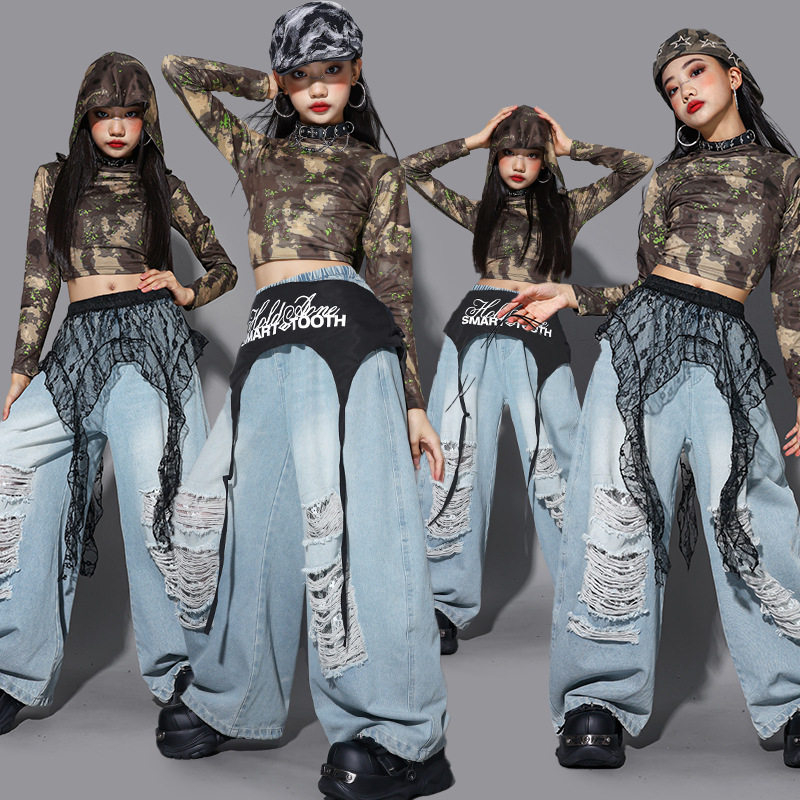 2026新款女童jazz迷彩爵士舞表演服装少儿牛仔练功服裤子儿童