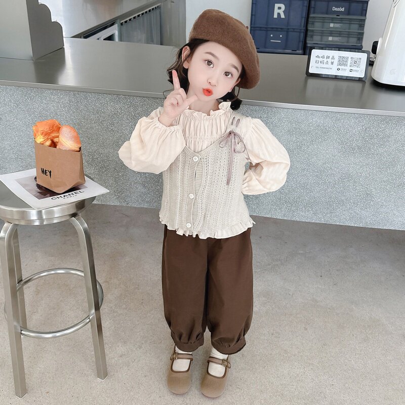2026新款儿童春秋季洋气毛线马甲三件套女童小香风套装女宝宝