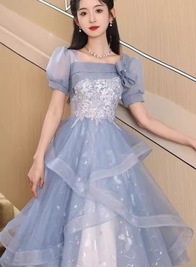 2025新款蓝色晚礼服宴会感学生艺考连衣裙主持人蓬蓬裙小