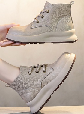 2025新款真皮厚底高帮女鞋秋冬头层牛皮板鞋平底系带休闲鞋子
