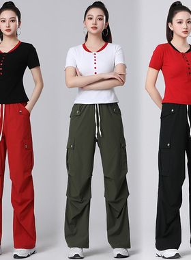 2026新款广场舞套装夏季宽松排扣短袖健身操服装运动服美式速