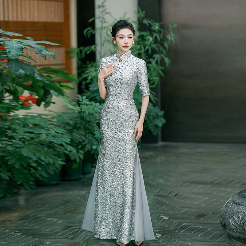 2026新款走秀旗袍高端大气上档次亮片年轻款鱼尾合唱团演出服