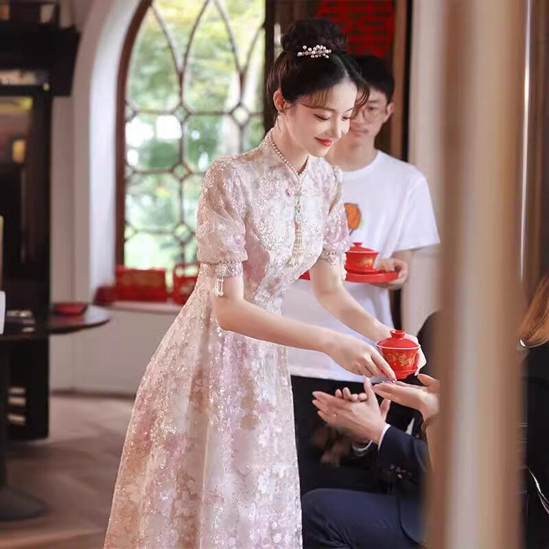 2026新款新中式敬酒服新娘夏季改良旗袍粉色结婚订婚礼服连衣裙高