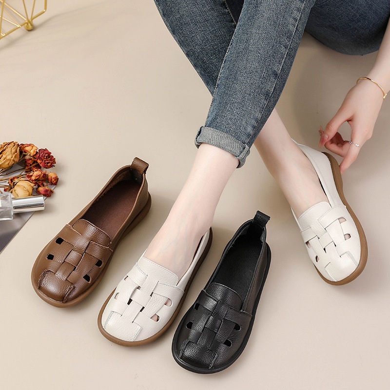 2025新款全牛皮夏季中年女鞋洞洞皮鞋女凉鞋舒适软底妈妈鞋子