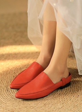 2025新款琢皮师包头牛皮尖头复古软底低跟女拖鞋春夏真皮皮拖