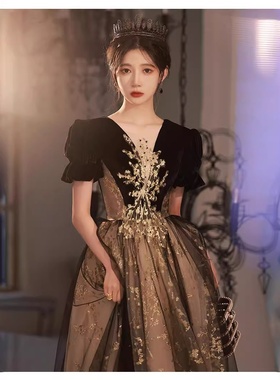 2025新款黑色主持人晚礼服女秋季年会艺考在逃公主系列简约礼