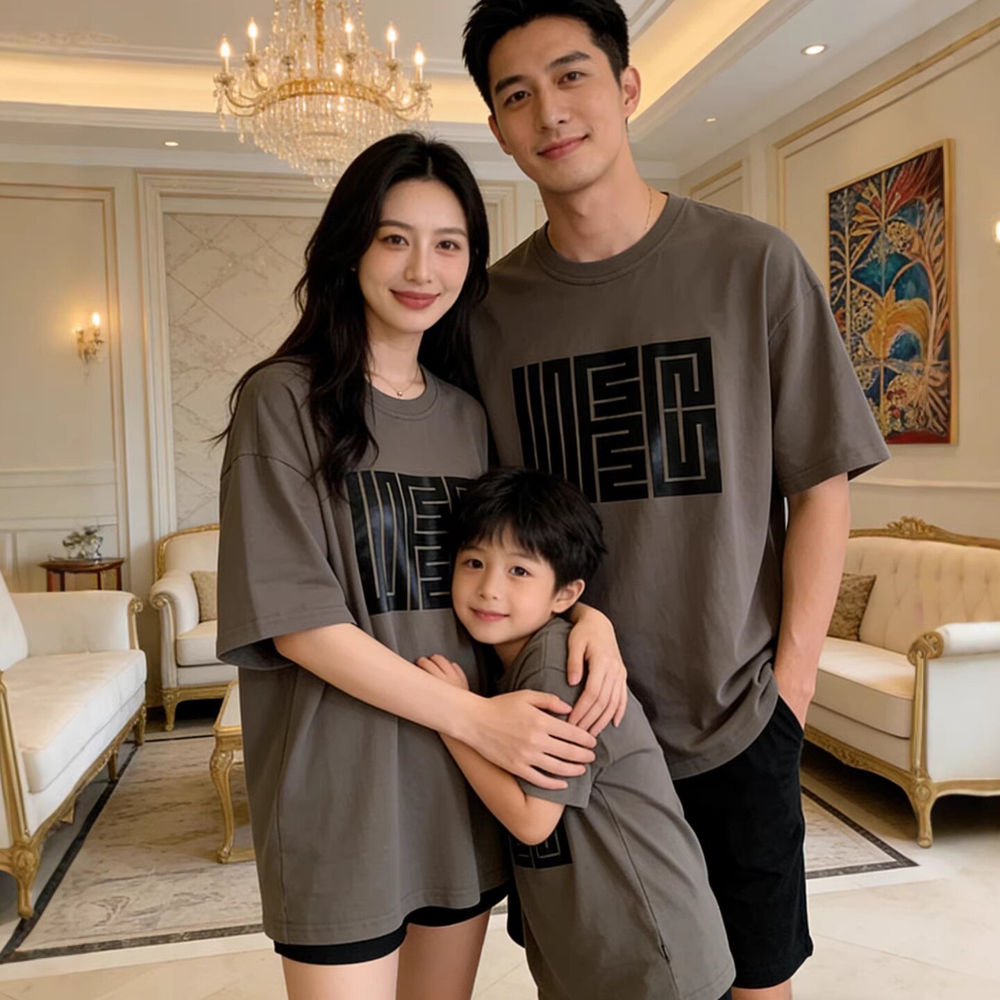 2026新款亲子装夏潮一家三口婴儿母子印花宽松大码全家装短袖儿童
