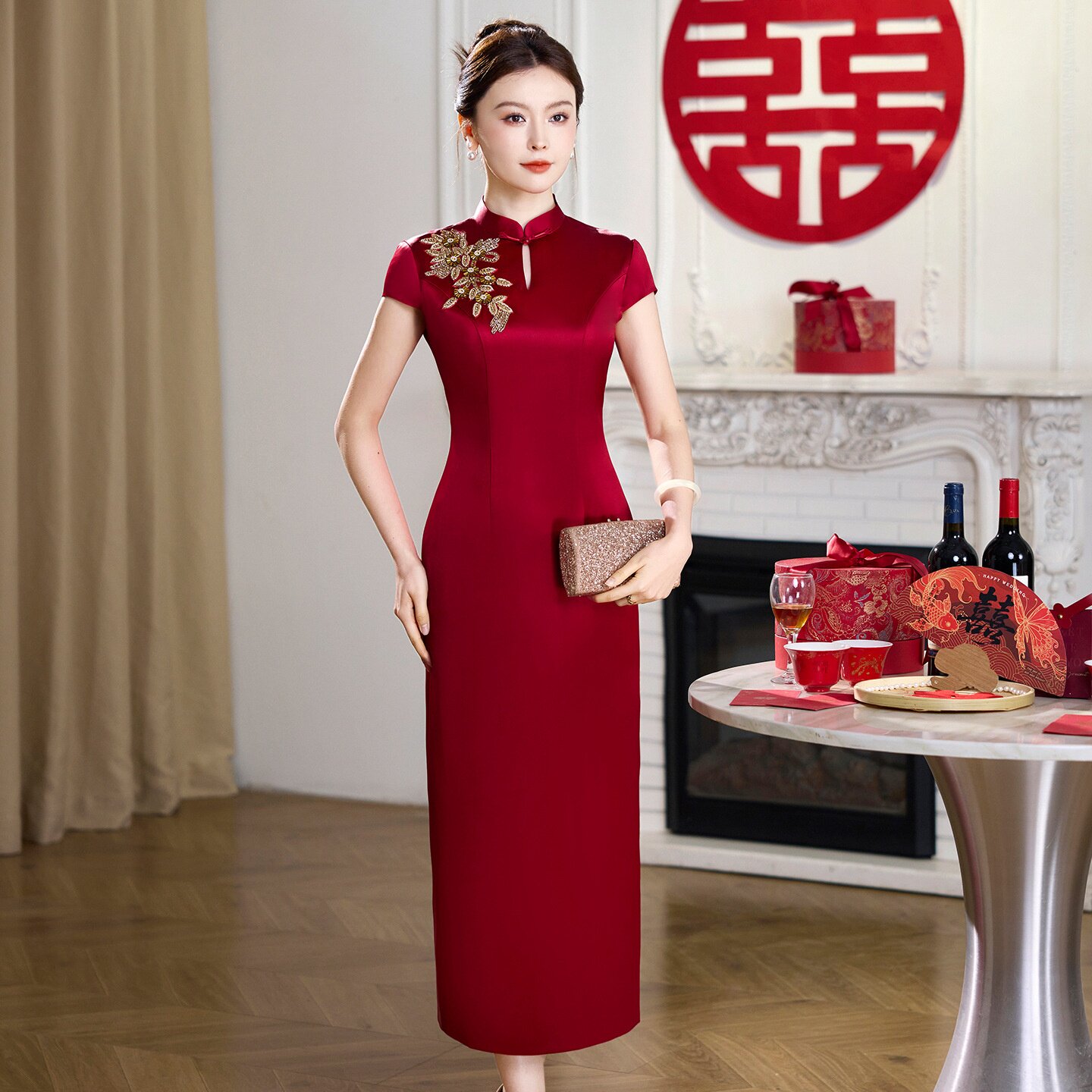 2026新款感婚宴旗袍裙女气质进口印度丝喜妈妈高端礼服607