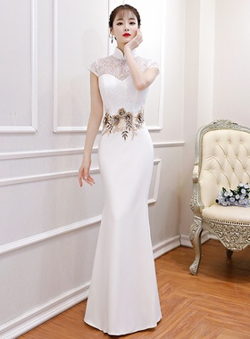 2025新款白色鱼尾礼服裙女平时可穿宴会长款鱼尾改良版旗袍年