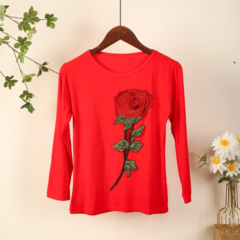 单件红色跳舞衣`民族风广场舞服装新款长袖上衣莫代尔舞蹈演出服