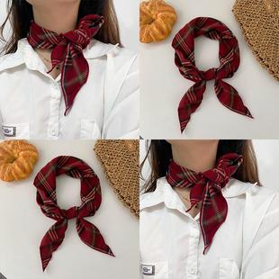 时尚 系脖围脖护颈高级感百搭配衬衫 秋冬季 红色格子丝巾女2025新款