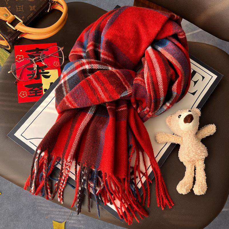 新年红色格子围巾女款2026新款冬流苏百搭保暖围脖披肩两用送女友