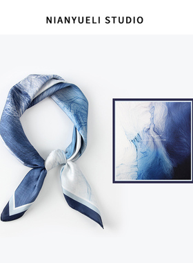 蓝色丝巾女2026新款春夏搭配衬衫中国风小方巾印花高级感时尚百搭