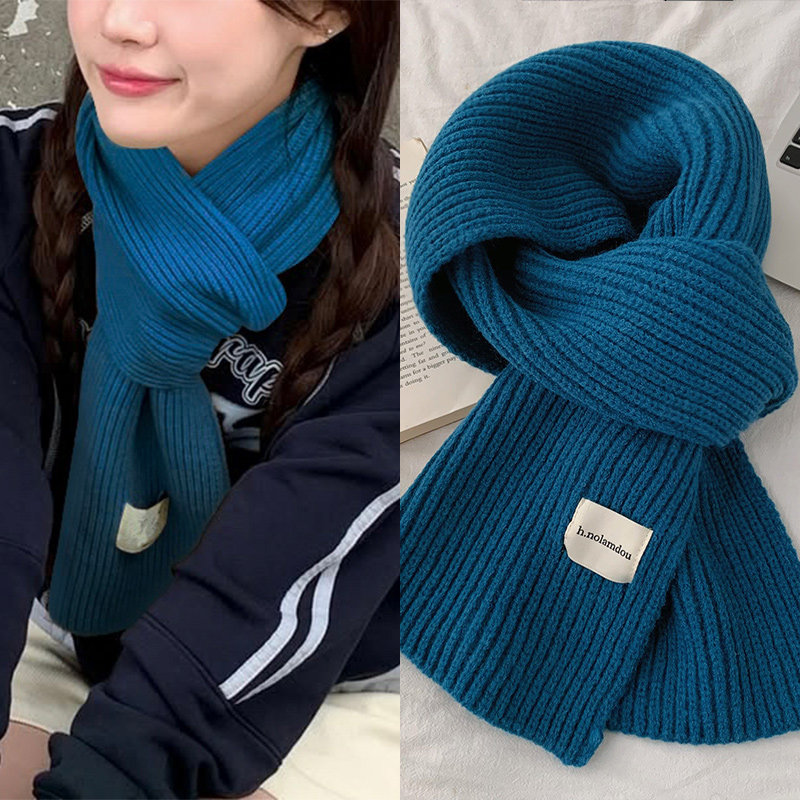 蓝色围巾女冬季2025新款加厚韩系氛围感百搭孔雀蓝护颈保暖小围脖