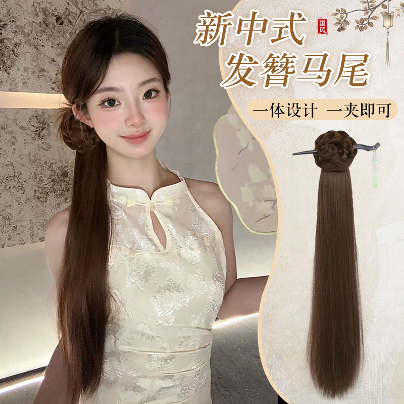 假发辫马尾女清冷感新中式直发抓夹侧马尾一体式发簪古风假发辫子