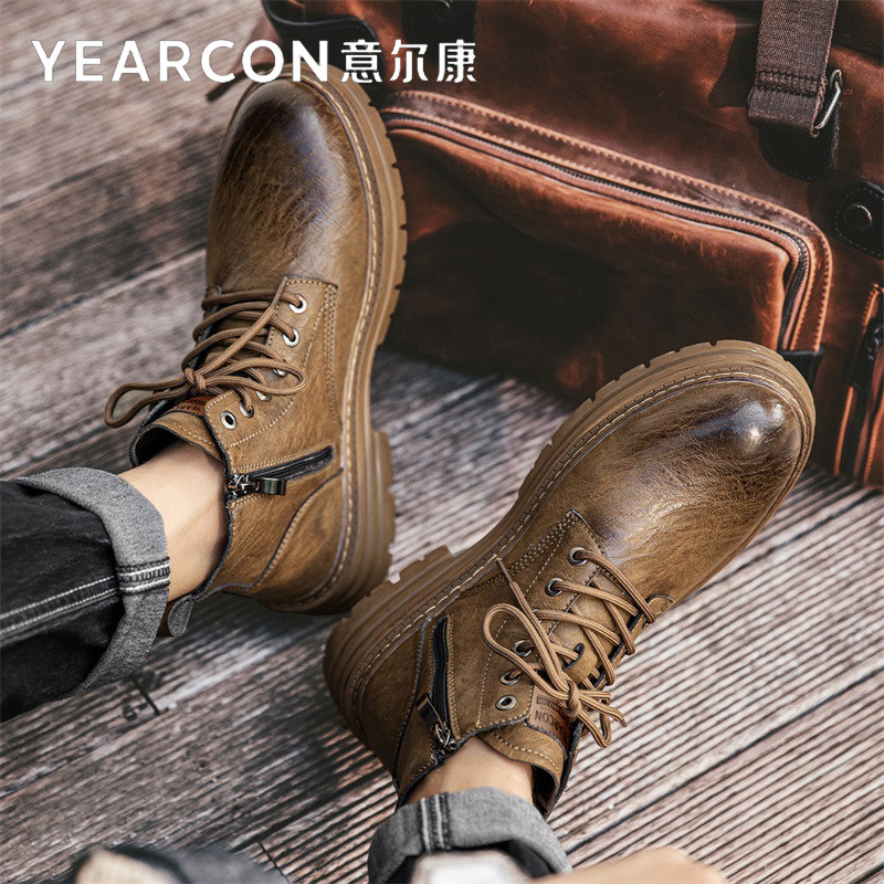 意尔康马丁靴男鞋2026新款春秋季爆款百搭中帮英伦风皮靴男士短靴