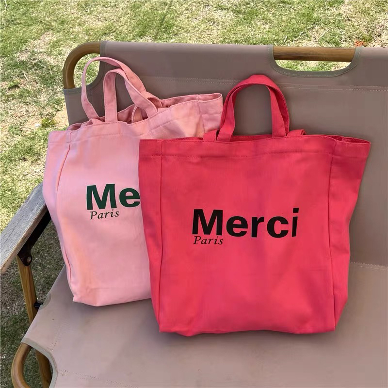 春夏限定一包两用Merci字母印花帆布包手提大容量柔软单肩包