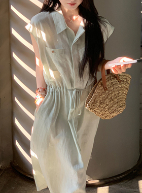Mi诗文全亚麻抽绳收腰无袖V领连衣裙女夏慵懒风清新薄荷绿衬衫裙
