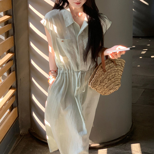Mi诗文全亚麻抽绳收腰无袖V领连衣裙女夏慵懒风清新薄荷绿衬衫裙