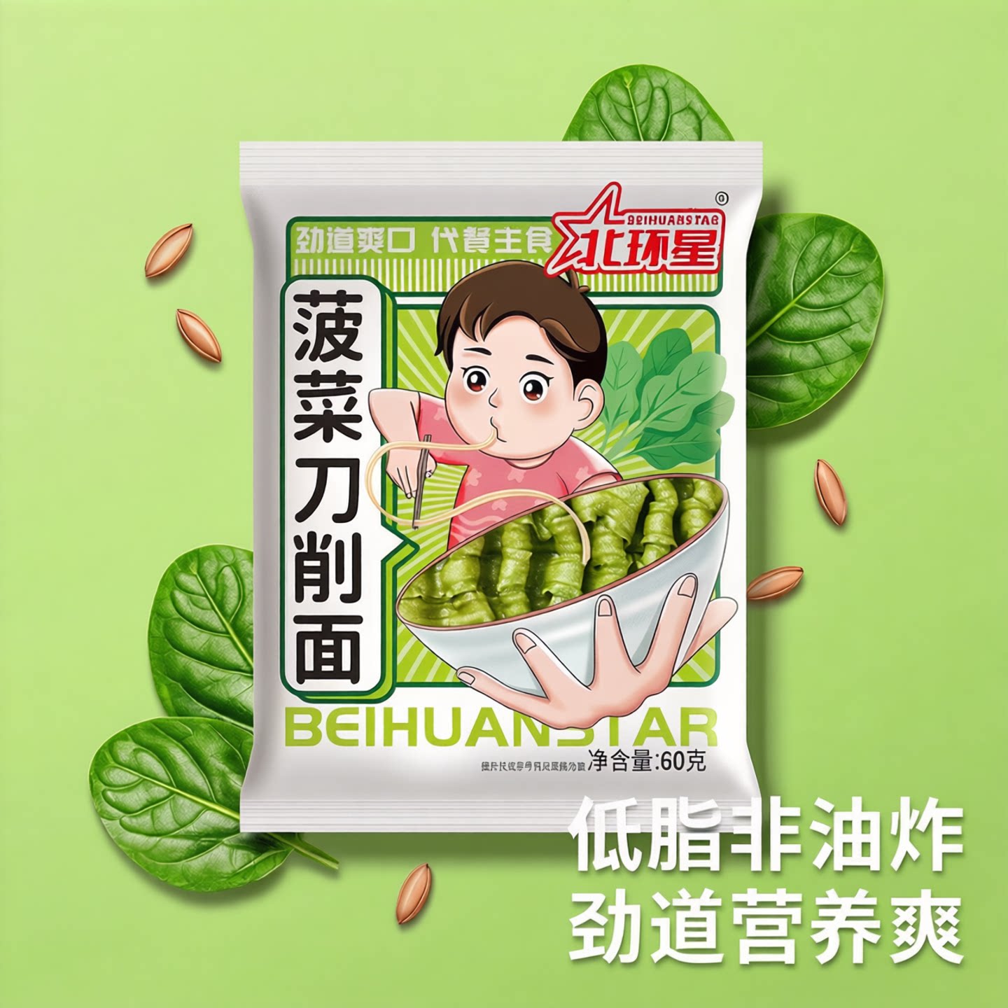 北环星菠菜刀削面袋装低脂肪非油炸营养健康独立包装方便面刀削面