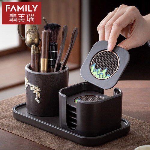 黑檀木六君子茶道配件防烫杯垫组