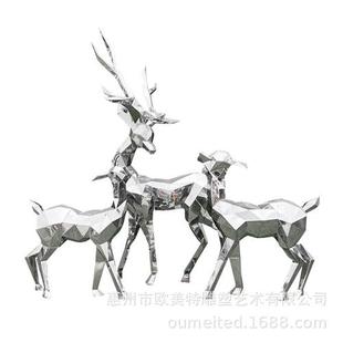 不锈钢一家三口母子鹿雕塑几何块面麋鹿商场装 饰镜面抽象园林动物