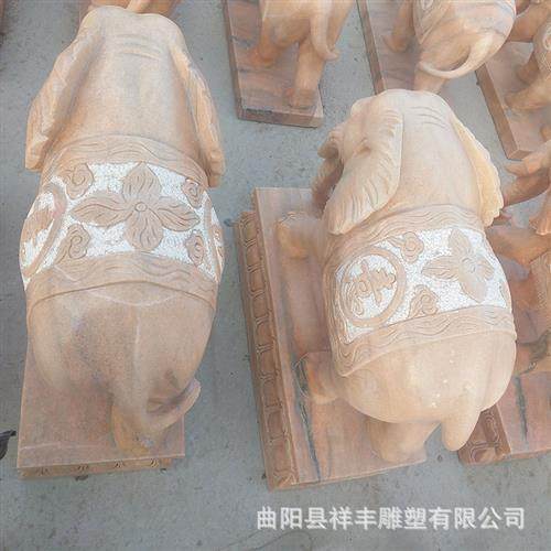 石雕象动物雕塑石摆件工艺品一对晚霞红汉白玉石象庭院酒店门口