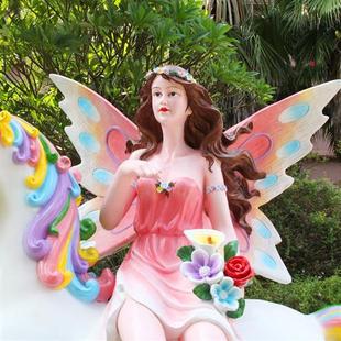 大型卡通彩绘花仙子马摆件户外独角兽玻璃钢雕塑商场楼盘园林装 饰