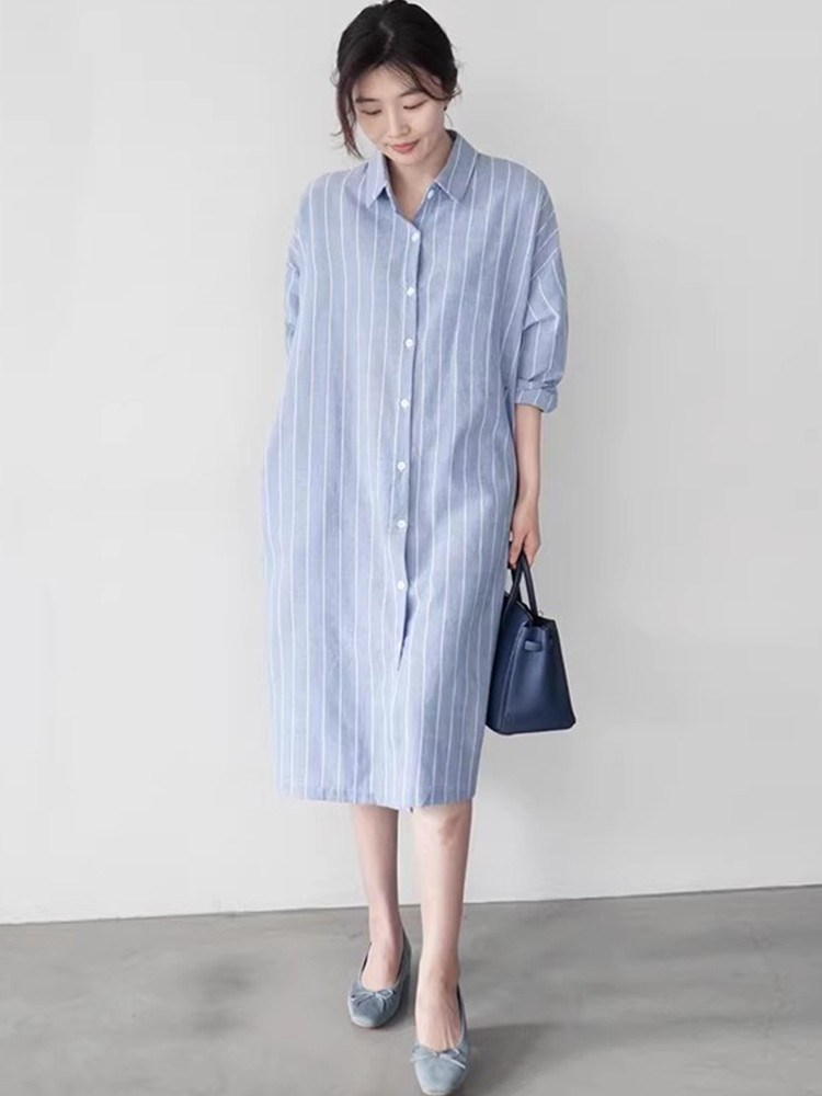 韩版BF风宽松中长款chic过膝长袖百搭休闲防晒衣条纹衬衫裙女春秋