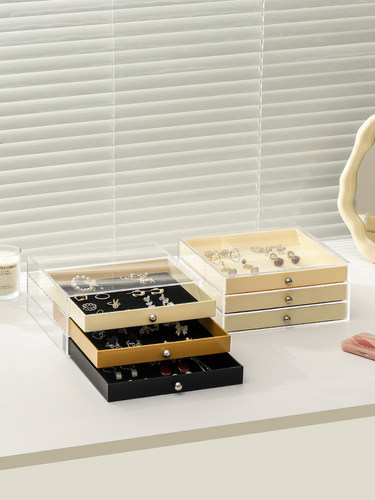 懒地透明亚克力首饰收纳盒桌面中古撞色饰品项链戒指手链整理盒子