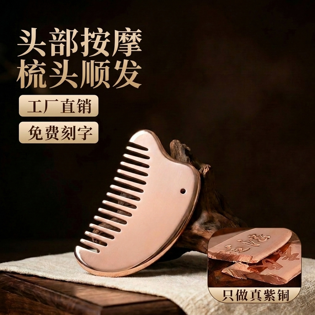 紫铜刮痧板纯紫铜家用头部梳头身体胸部乳腺按摩梳经络梳刮痧神器